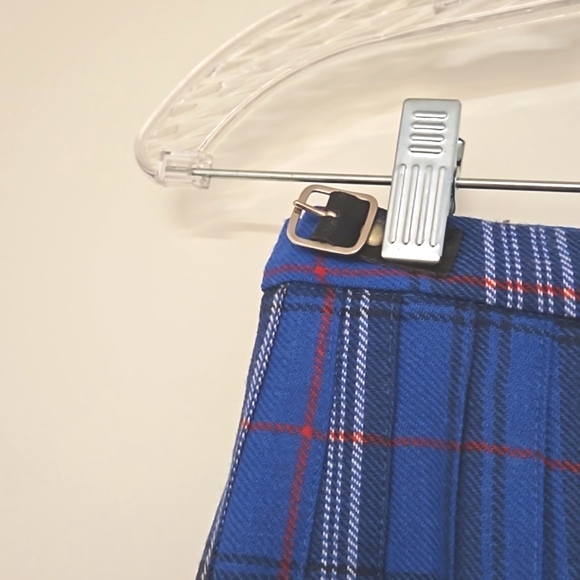 Blue plaid pleated skirt kilt pin accent adjustable sz. 12 wool custom made - Picture 2 of 12